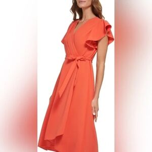 DKNY Coral Orange Midi Wrap Dress
